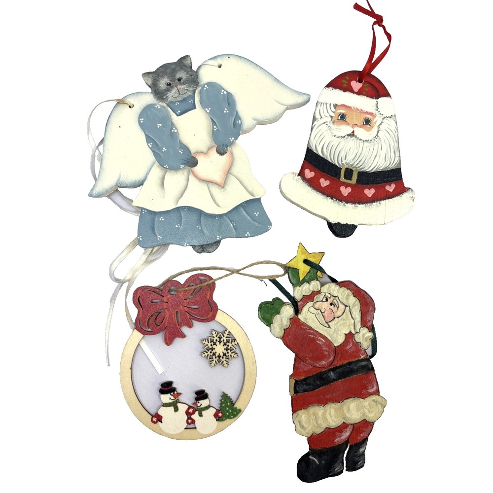 4 Vtg Hand Painted Santa Bell Cat Angel Snowman Wooden Christmas Ornaments